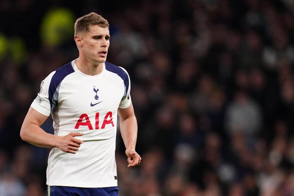 Micky van de Ven of Tottenham Hotspur looking focused during a Premier League match.