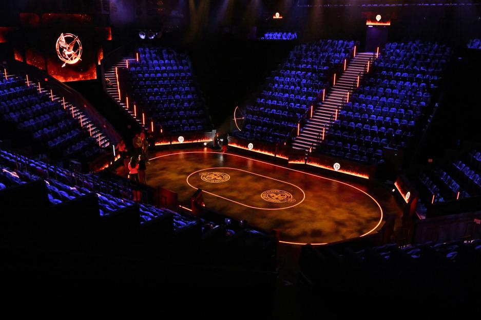 A general view of the stage for "The Hunger Games: On Stage" at the Troubadour Canary Wharf Theatre.