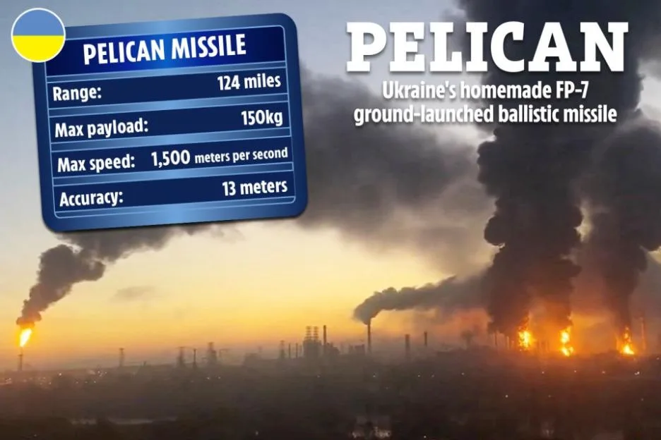 Illustration of the Pelican missile specifications against a background of fires and smoke.