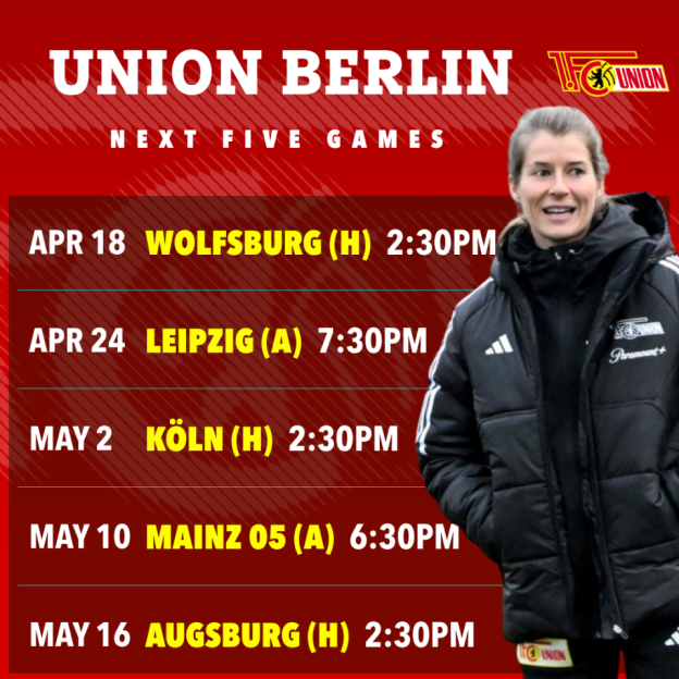 Union Berlin's next five games schedule with dates, opponents, and times, featuring a coach in a black jacket.