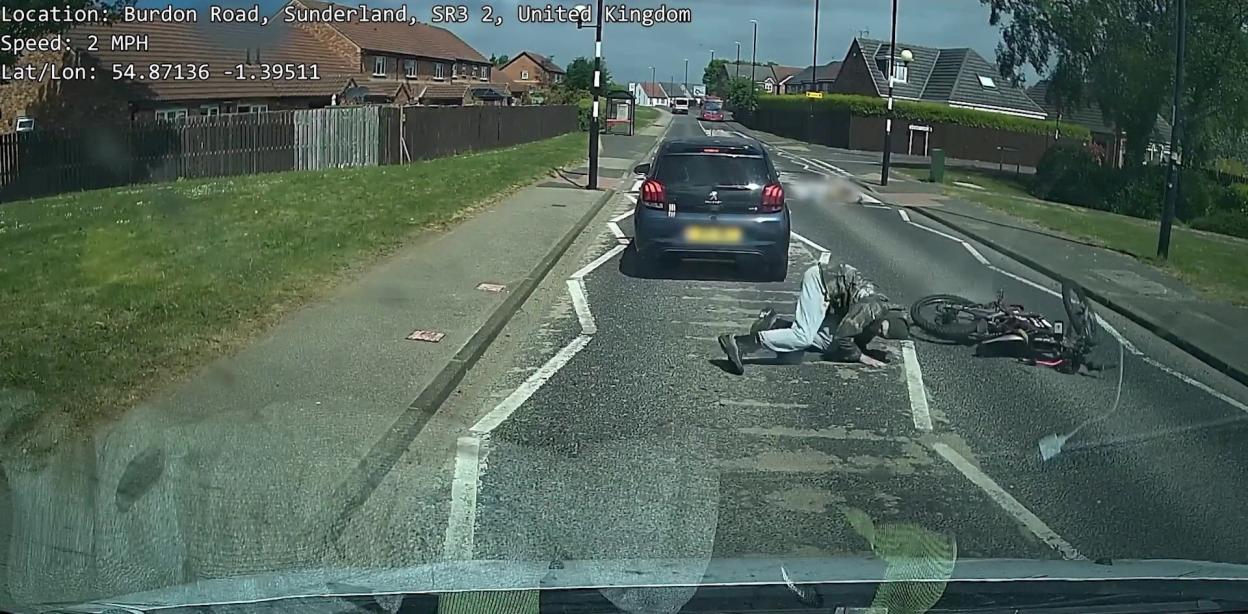 Dashcam footage shows Billy Stokoe standing over Gloria Stephenson after knocking her down on an electric bike.
