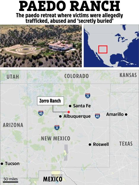Collage of images showing an aerial view of Zorro Ranch, a map of the US with New Mexico highlighted, and a detailed map of New Mexico showing Zorro Ranch's location relative to surrounding cities and states.