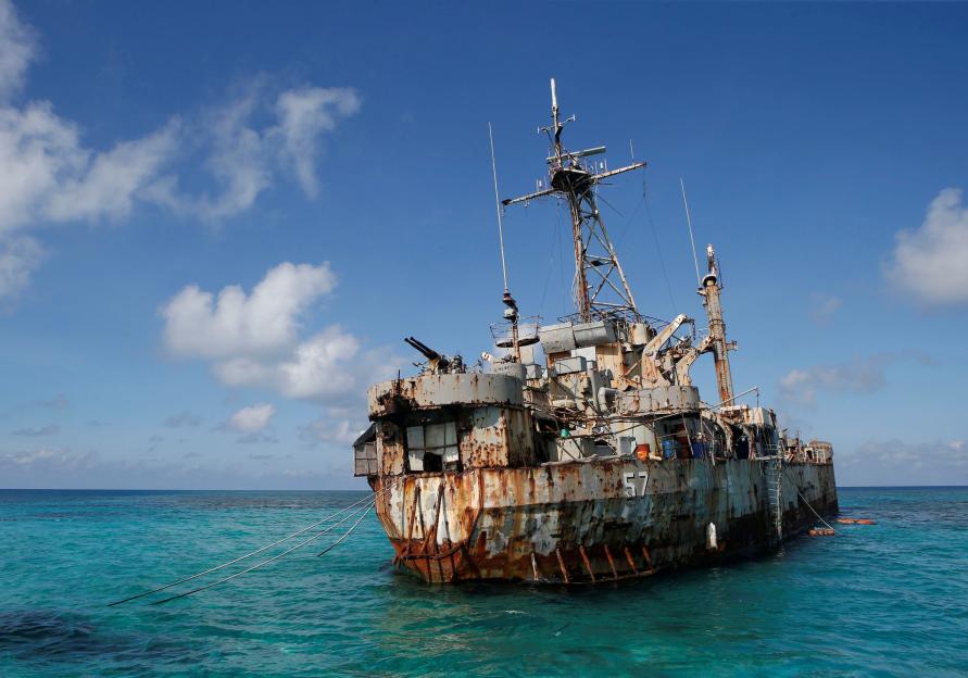 : The BRP Sierra Madre, a marooned transport ship which Philippine Marines live on as a military outpost, is pictured in the disputed Second Thomas Shoal