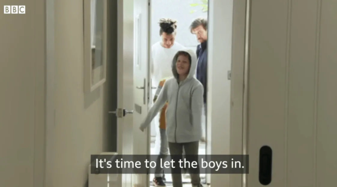Three boys arrive at a front door, with the caption reading, "It's time to let the boys in."
