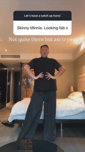 David Potts posing in a black top and wide-legged black trousers, with text overlays.