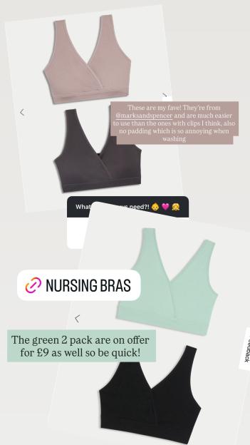 Illustration of multiple nursing bras in various colors with text overlay promoting them.