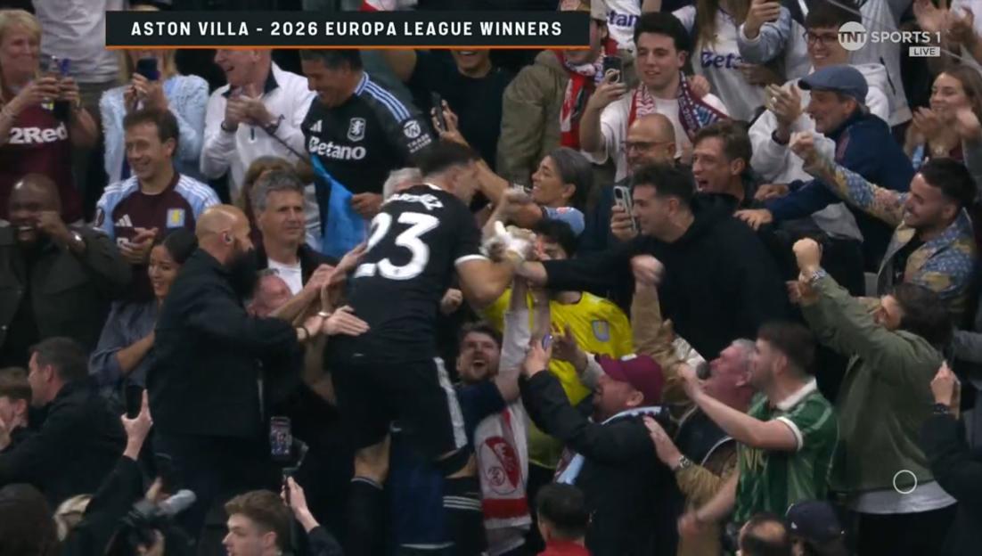 Fans celebrating Aston Villa's 2026 Europa League win.