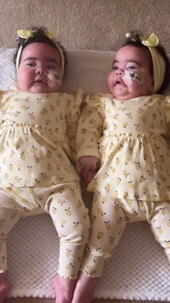Twin baby girls in yellow outfits with lemon patterns holding hands.