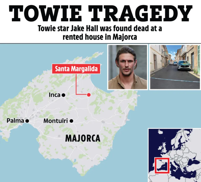 Collage of a map of Majorca showing Santa Margalida, a headshot of Jake Hall, an image of a street, and a map of Europe highlighting Majorca, illustrating the location of Jake Hall's death.
