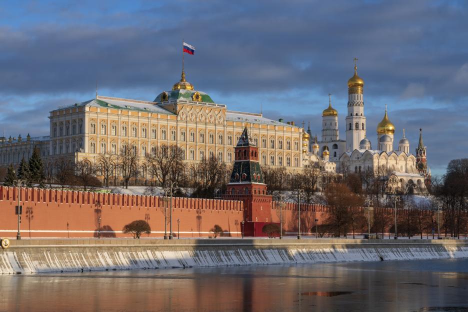 Grand Kremlin Palace, the Annunciation Tower and the ensemble of the Kremlin Cathedral Square from the embankment of the Moskva River, Moscow, Russia