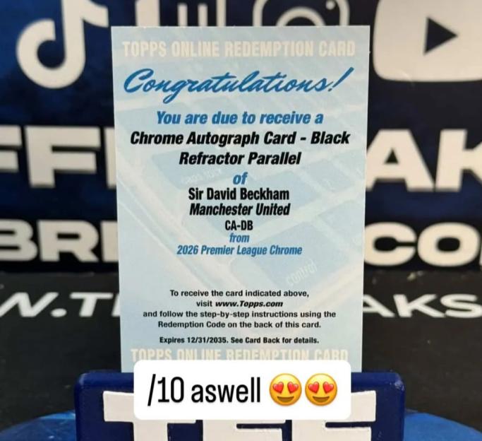 A Topps Online Redemption Card for a Sir David Beckham autographed Chrome card from 2026 Premier League Chrome.