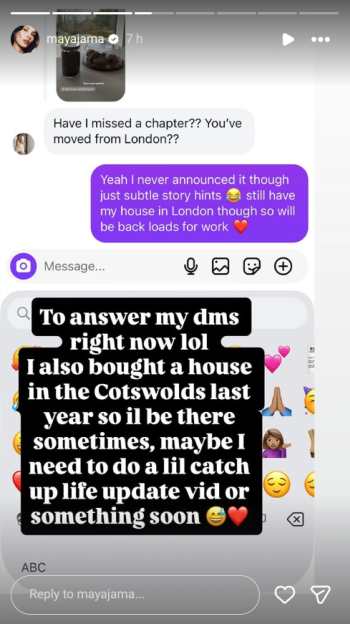 Screenshot of a social media exchange where Maya Jama confirms she still has a house in London but also bought one in the Cotswolds.