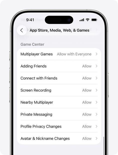 A screenshot of an iPhone settings screen displaying Game Center parental controls.