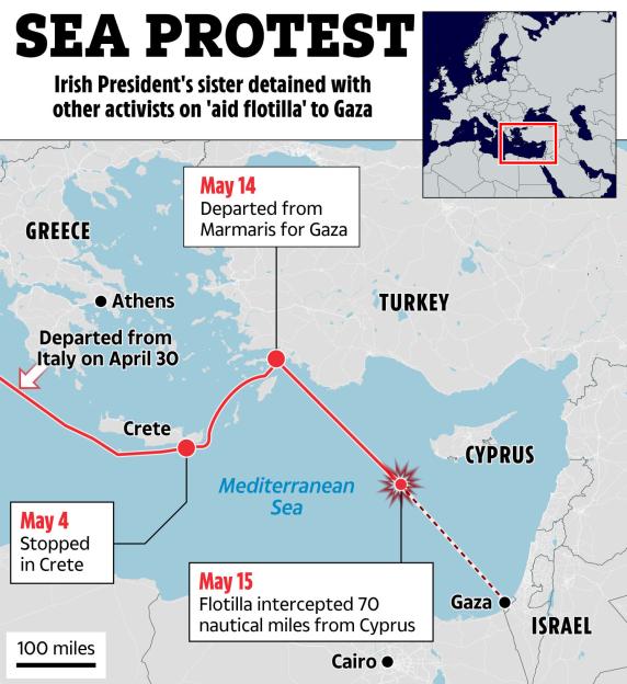 Illustration of a map showing the route of an aid flotilla to Gaza.