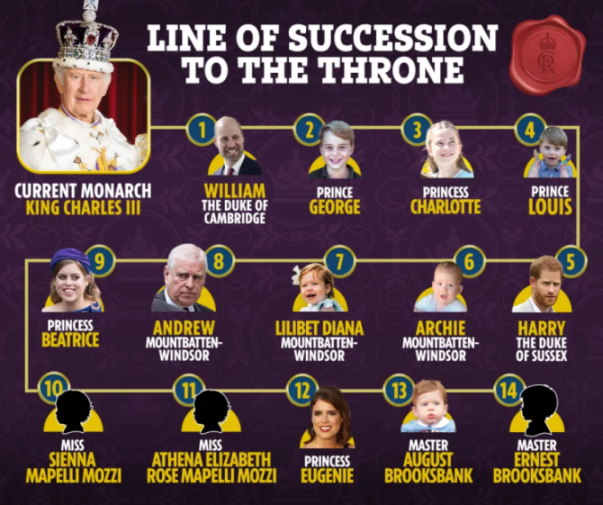 Illustration showing the line of succession to the British throne, with King Charles III at the top, followed by 14 individuals including Prince William, Prince George, Princess Charlotte, and Prince Louis.
