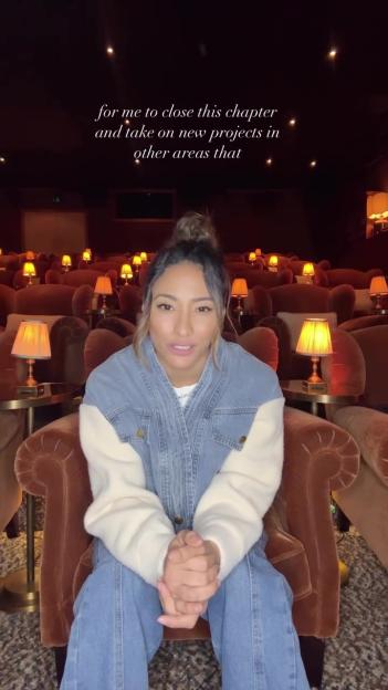 Karen Hauer sits in a luxurious movie theater, announcing her departure from "Strictly."