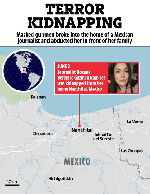 Illustration of a map showing the kidnapping location of journalist Roxana Berenice Guzmán Ramírez in Nanchital, Mexico.