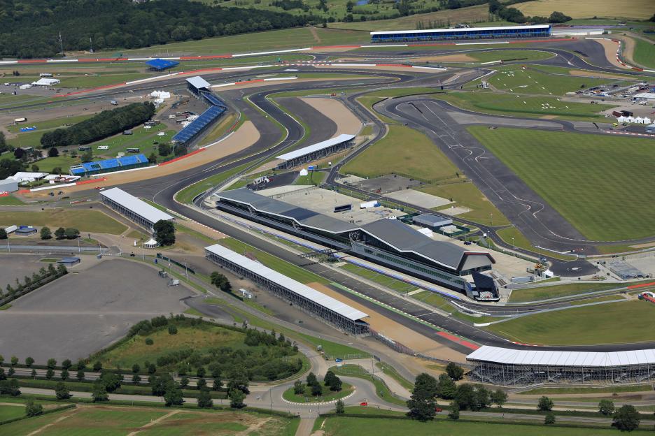 Aerial overview of the new pits complex and inner areas of the Silverstone Circuit