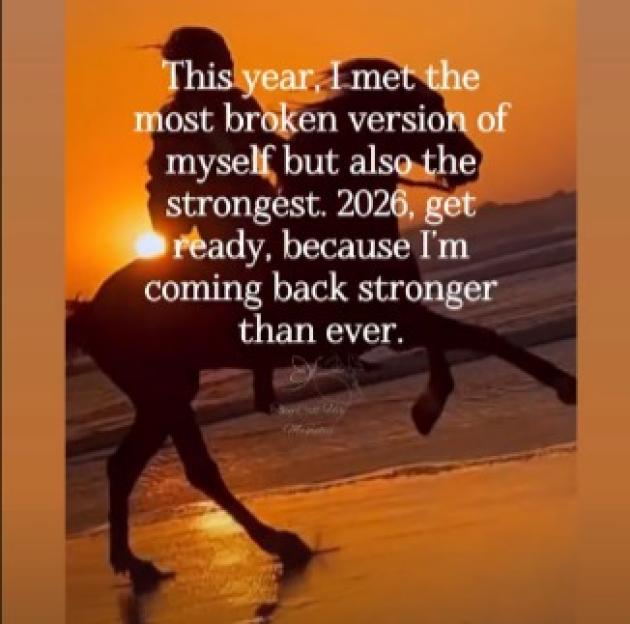 Screenshot of an Instagram reel by @caroline_peaty with the text: "This year, I met the most broken version of myself but also the strongest. 2026, get ready, because I'm coming back stronger than ever." against a silhouetted horse and rider on a beach at sunset.