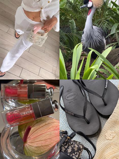 Collage of Holly Ramsay Peaty's honeymoon with Adam Peaty, showing her outfit, a bird, lip oil, and flip-flops.
