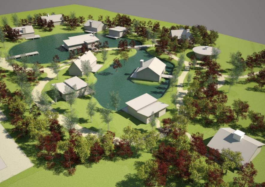 Illustration of a community of buildings, trees, and water bodies.