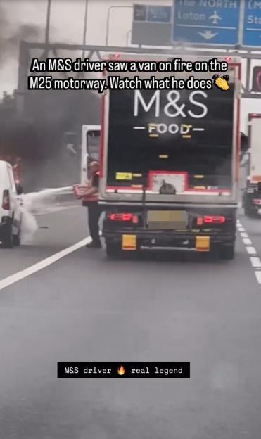 An M&S driver putting out a van fire on the M25 motorway.