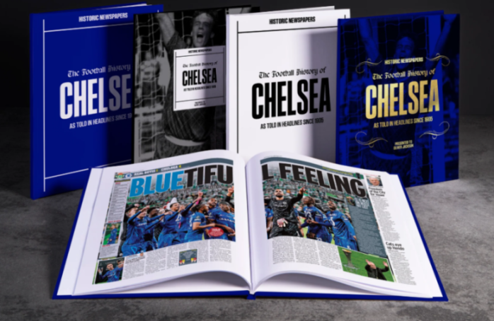 An open book and four books titled "The Football History of Chelsea" in blue, white, and black designs.