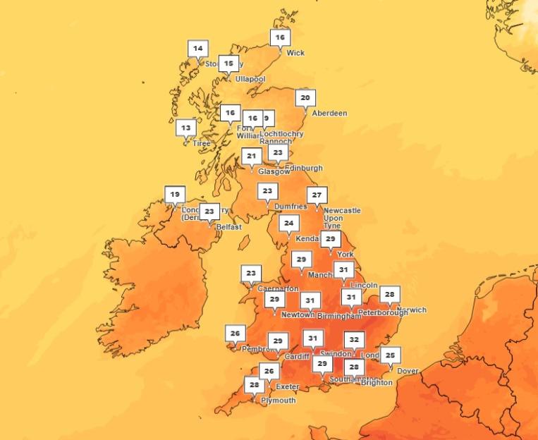 Met Office temperature map for the UK showing temperatures up to 32°C.