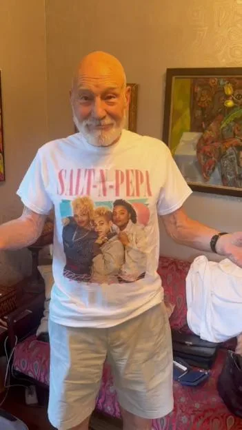Patrick Stewart wearing a Salt-N-Pepa T-shirt.