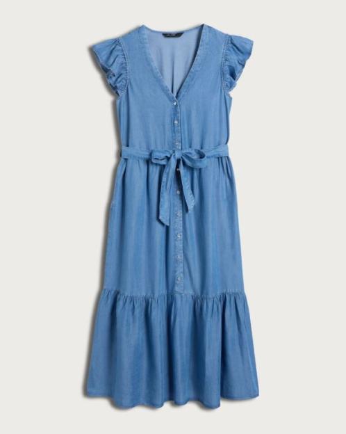Light blue denim dress with ruffled cap sleeves, a V-neck, button front, and a tied waist.