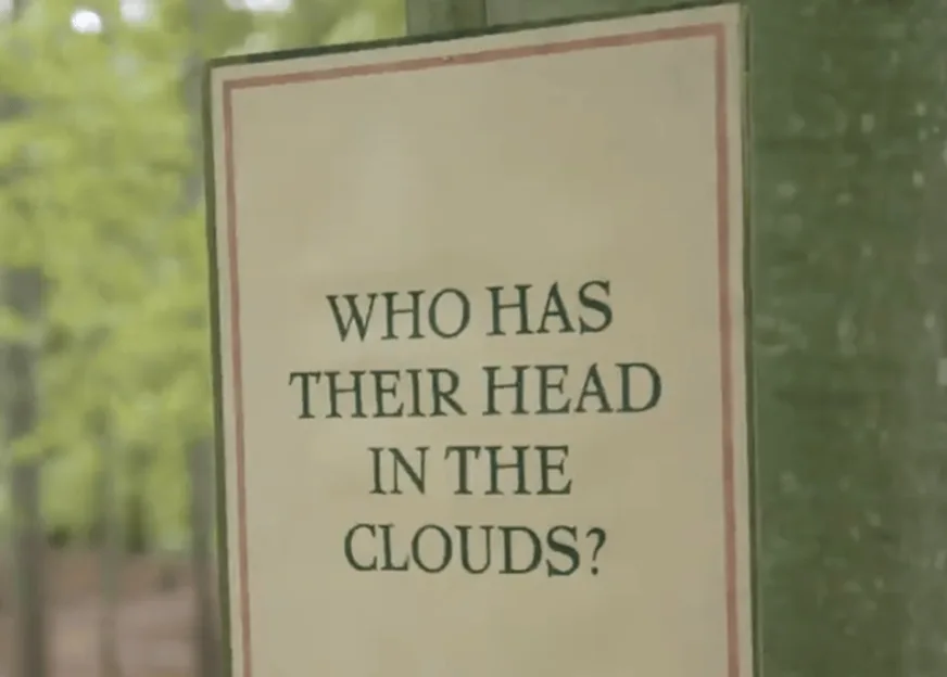 A sign with the text "WHO HAS THEIR HEAD IN THE CLOUDS?".