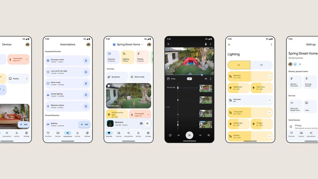 Illustration of Google Home app screens showing smart home controls.