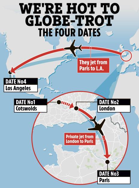 Illustration of a map showing a four-date globe-trotting itinerary: Cotswolds, London, Paris, and Los Angeles.