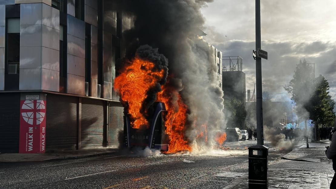 A Glider bus set on fire by protesters during an anti-immigration demonstration in Belfast.