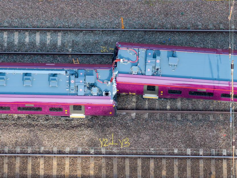 Dramatic new aerial photos show the severely buckled crash train in Bedford