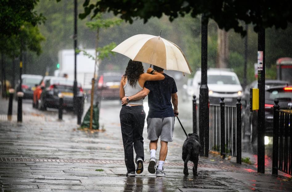A couple and their dog walk under an umbrella in London during a summer storm.