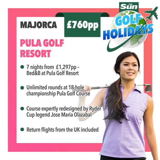 Illustration advertising Majorca Pula Golf Resort holidays for £760pp, including a photo of a woman holding a golf club.