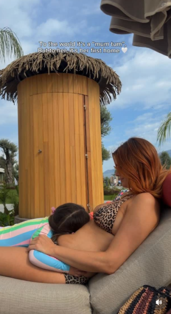 A child rests their head on a woman's belly with the text "To the world it's a 'mum tum', But to her, it's her first home."