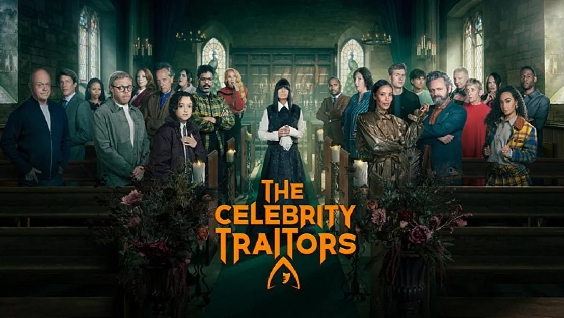 Cast of The Celebrity Traitors S2 posing in a church setting.