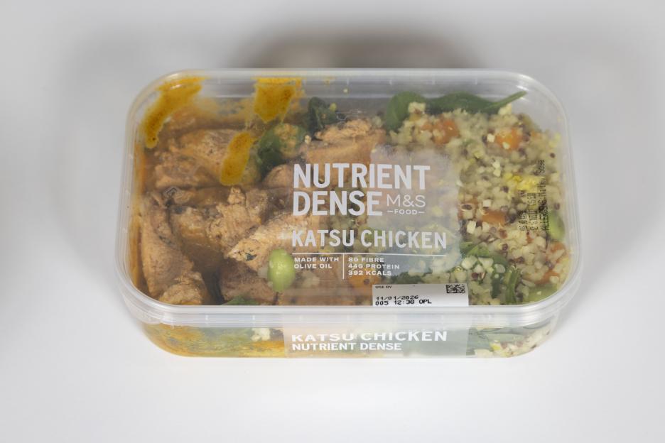 A pre-packaged Katsu Chicken meal from M&S Food, labeled "Nutrient Dense," containing 8g fibre, 44g protein, and 392 calories.