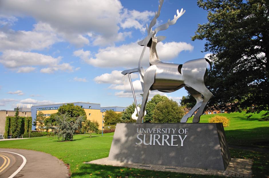 Entrance sign for the University of Surrey, featuring a metallic stag sculpture on top of a dark gray stone base.