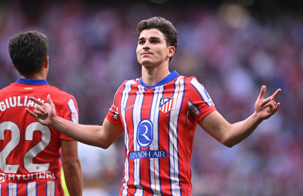 Julian Alvarez of Atletico de Madrid celebrating a goal.