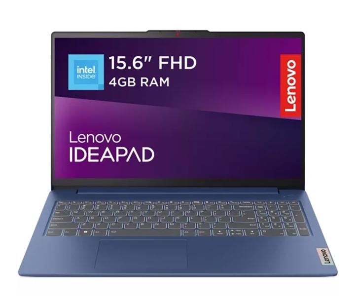 Blue Lenovo IdeaPad laptop with Intel Inside, 15.6" FHD display, and 4GB RAM.