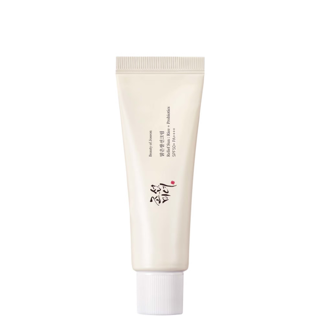 Beauty of Joseon Relief Sun: Rice + Probiotics SPF50+ PA++++ sunscreen in a light beige squeeze tube with white cap.