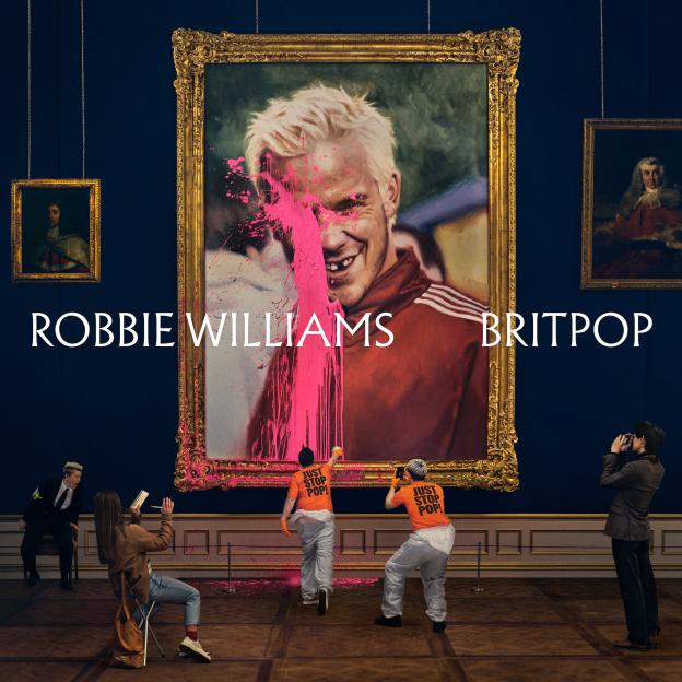 Robbie Williams Pretty Face and Album Artwork with pink paint splashed on a painting of him in a museum with "Just Stop Pop" protesters.