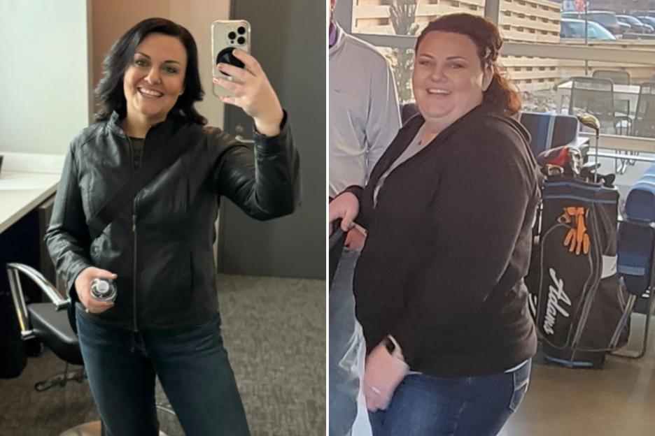 An image collage containing 2 images, Image 1 shows Woman in a black leather jacket, blue jeans, and black shoes, holding a phone to take a selfie, Image 2 shows A woman wearing a black jacket and blue jeans, smiling at the camera, with a golf bag visible in the background