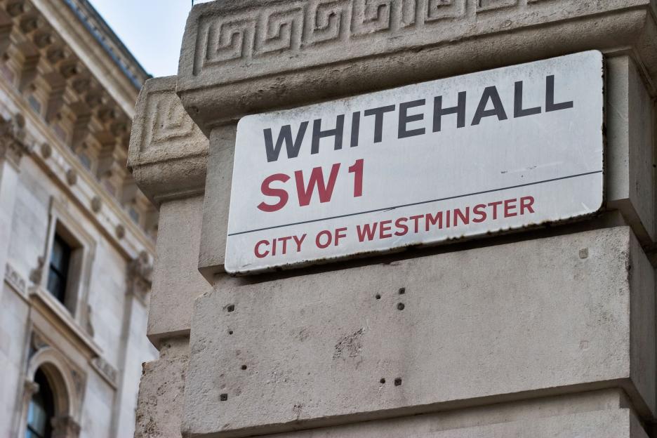 Whitehall street sign outside Downing Street London