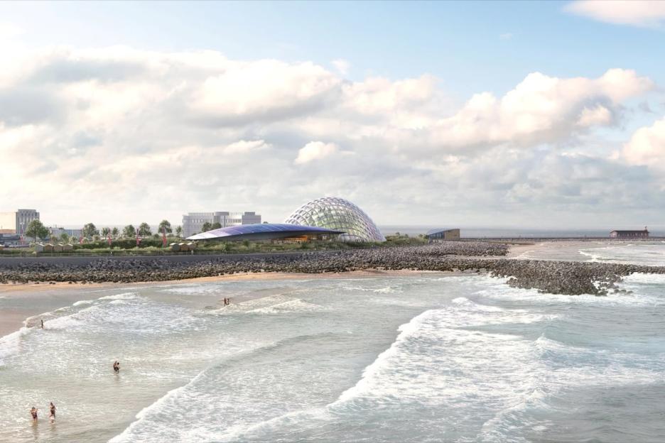 Illustration of a large domed building resembling a greenhouse or biodome, next to a beach and ocean.