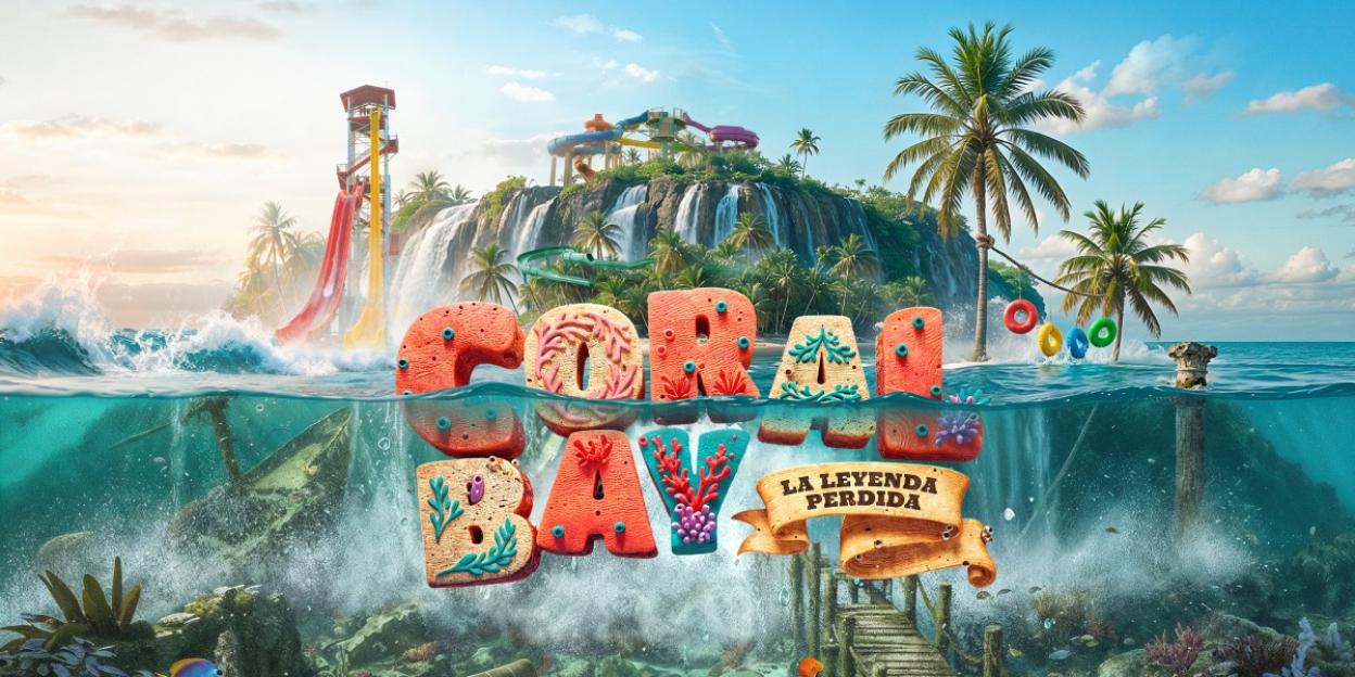 Illustration of a tropical water park with the words "Coral Bay" above and below the waterline, showing waterslides and ocean features.