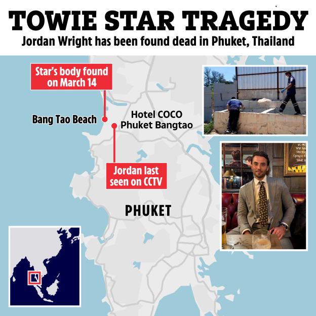 Collage of a map showing the locations associated with the death of Jordan Wright in Phuket, Thailand, alongside a photo of Jordan Wright and a photo of two people searching for clues.